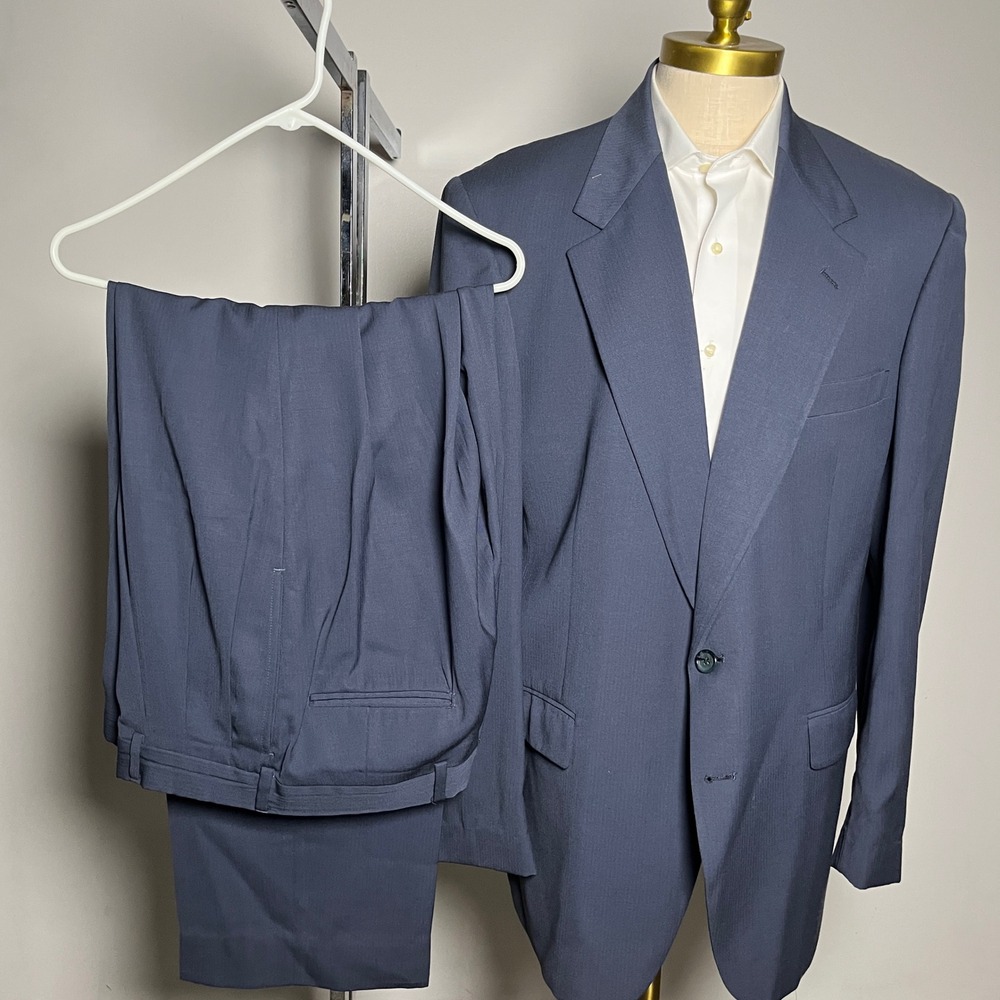 Nino Cerruti Suit Mens 44L 32x32 Blue Solid Wool Vintage‎ 2-Button USA Made